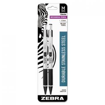 Zebra M-301 Mechanical Pencil, 0.5 mm, HB (#2.5), Black Lead, Steel/Black Accents Barrel, 2/Pack