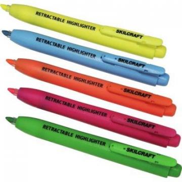 AbilityOne SKILCRAFTRetractable Highlighter, Chisel Tip, Assorted Colors, 5/Set