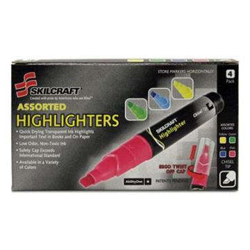 AbilityOne SKILCRAFT Large Fluorescent Highlighter, Chisel Tip, Assorted Colors, 4/Set