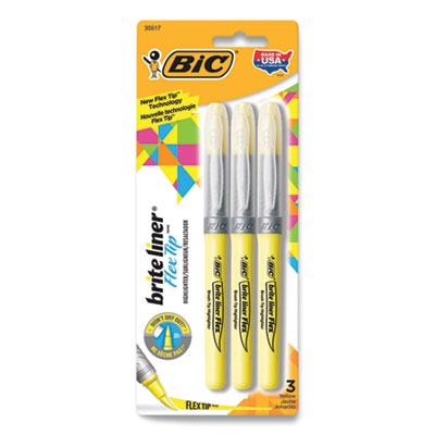 BIC Brite Liner Flex Tip Highlighters, Brush Tip, Yellow, 3/Pack
