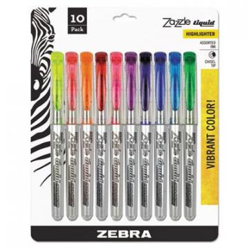 Zebra Zazzle Liquid Ink Highlighter, Chisel Tip, Assorted Colors, 10/Set