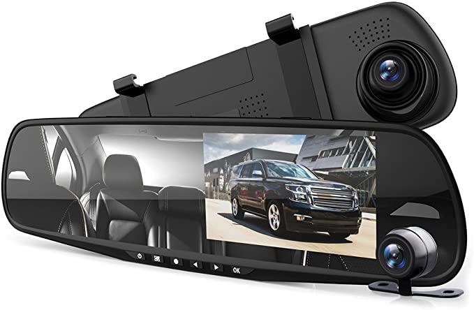 Pyle Dash Cam Rearview Mirror - 4.3” DVR Monitor Rear View Dual Camera Video Recording System