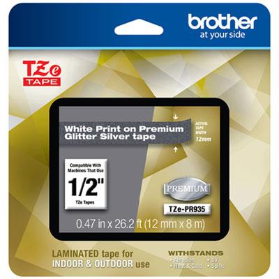 Brother TZe Premium Laminated Tape, 0.47" x 26.2 ft, White on Silver