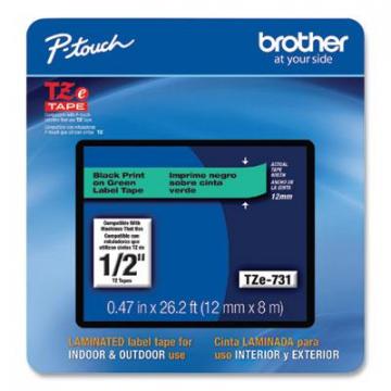 Brother P-Touch TZe Laminated Removable Label Tapes, 0.47" x 26.2 ft, Black on Green