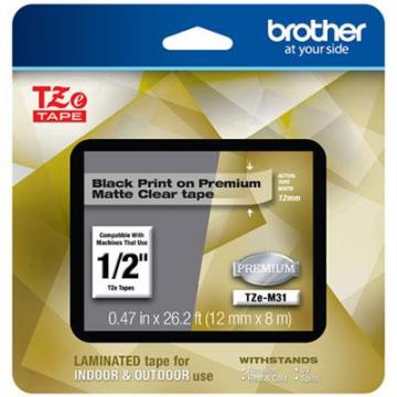 Brother TZe Premium Laminated Tape, 0.47" x 26.2 ft, Black on Clear