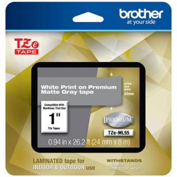 Brother TZe Premium Laminated Tape, 0.94" x 26.2 ft, White on Gray