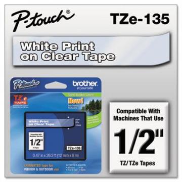 Brother TZe Standard Adhesive Laminated Labeling Tape, 0.47" x 26.2 ft, White on Clear