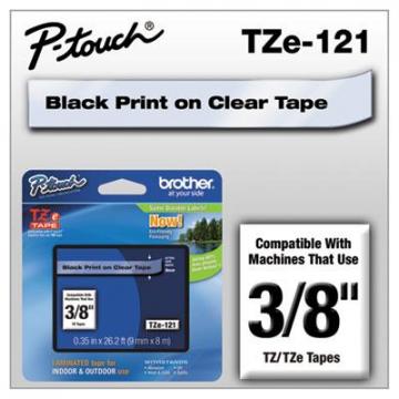 Brother TZe Standard Adhesive Laminated Labeling Tape, 0.35" x 26.2 ft, Black on Clear