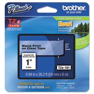 Brother TZe Standard Adhesive Laminated Labeling Tape, 0.94" x 26.2 ft, Black on Clear