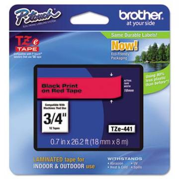 Brother TZe Standard Adhesive Laminated Labeling Tape, 0.7" x 26.2 ft, Black on Red