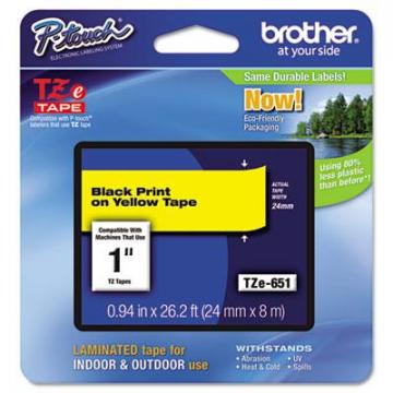 Brother TZe Standard Adhesive Laminated Labeling Tape, 0.94" x 26.2 ft, Black on Yellow