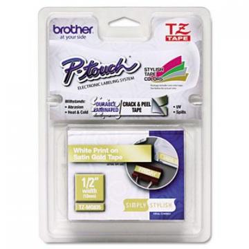 Brother TZ Standard Adhesive Laminated Labeling Tape, 0.47" x 16.4 ft, White/Satin Gold