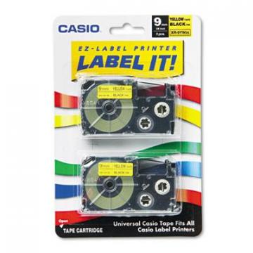 Casio Tape Cassettes for KL Label Makers, 0.37" x 26 ft, Black on Yellow, 2/Pack