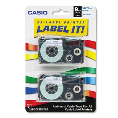 Casio Tape Cassettes for KL Label Makers, 0.37" x 26 ft, Blue on White, 2/Pack