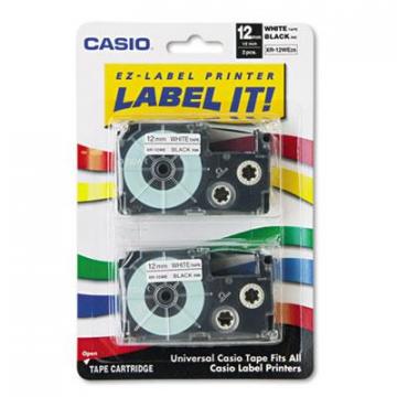 Casio Tape Cassettes for KL Label Makers, 0.5" x 26 ft, Black on White, 2/Pack