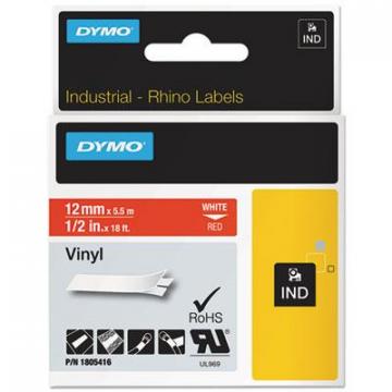 DYMO Rhino Permanent Vinyl Industrial Label Tape, 0.5" x 18 ft, Red/White Print