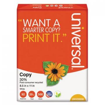 Universal 30% Recycled Copy Paper, 92 Bright, 20lb, 8.5 x 11, White, 500 Sheets/Ream