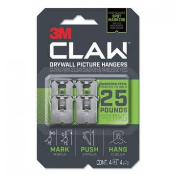 3M Claw Drywall Picture Hanger, Holds 25 lbs, 4 Hooks and 4 Spot Markers, Stainless Steel