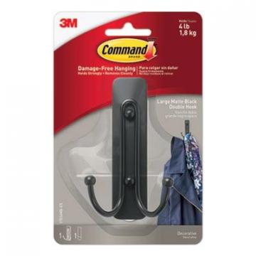 3M Command Adhesive Mount Metal Hook, Large, Double Hook, Matte Black Finish, 1 Hook and 1 Strip