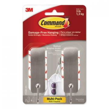 3M Command Decorative Hooks, Medium, Brushed Nickel, 2 Hook and 4 Strips/Pack