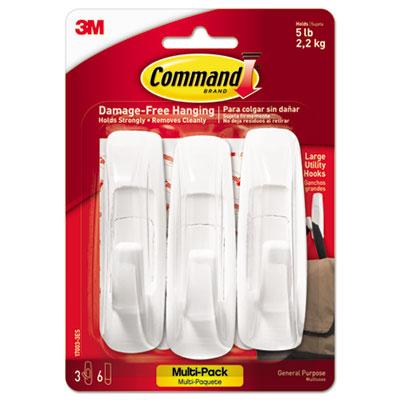 3M Command General Purpose Hooks Multi-Pack, Large, 5 lb Cap, White, 3 Hooks and 6 Strips/Pack