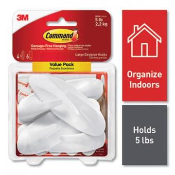 3M Command General Purpose Hooks, Large, 5 lb Capacity, White, 4 Hooks and 6 Strips/Pack