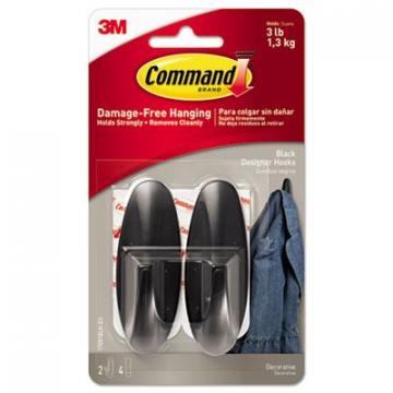 3M Command Designer Hooks, Plastic, Black, 3 lb Cap, 2 Hooks and 4 Strips/Pack
