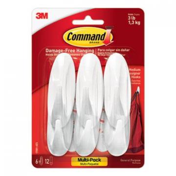 3M Command Designer Hooks, Plastic, White, 3 lb Cap, 6 Hooks and 12 Strips/Pack