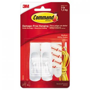 3M Command General Purpose Hooks, Medium, 3 lb Cap, White, 2 Hooks and 4 Strips/Pack
