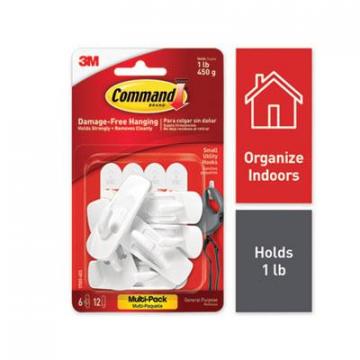 3M Command General Purpose Hooks, Small, Plastic, White, 1 lb Cap, 6 Hooks and 12 Strips/Pack