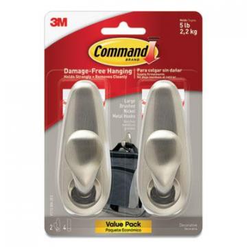 3M Command Adhesive Mount Metal Hook, Large, Brushed Nickel Finish, 2 Hooks and 4 Strips/Pack