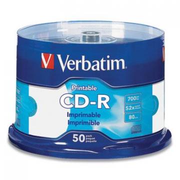 Verbatim CD-R Printable Recordable Disc, 700 MB/80 min, 52x, Spindle, White, 50/Pack