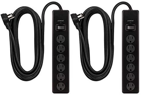 GE 6-Outlet Surge Protector, 2 Pack, 20 Ft Extension Cord, Power Strip, 800 Joules, Flat Plug
