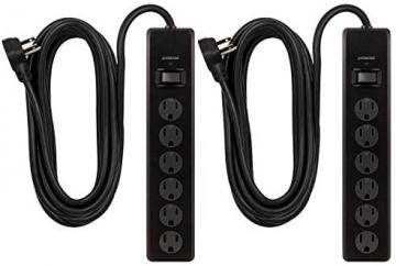 GE 6-Outlet Surge Protector, 2 Pack, 20 Ft Extension Cord, Power Strip, 800 Joules, Flat Plug