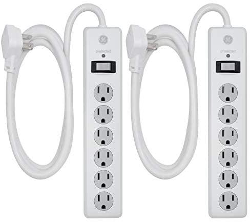 GE 6-Outlet Surge Protector, 2 Pack, 6 Ft Extension Cord, Power Strip, 800 Joules, Flat Plug