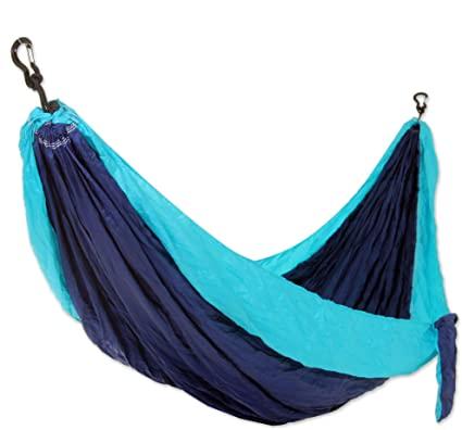 NOVICA Navy Blue with Turquoise Trim Parachute Portable 2 Person XL Camping Hammock