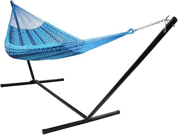Sunnydaze Hand-Woven Portable Mayan Hammock with Stand - XXL Thick Cord Family Size Hammock