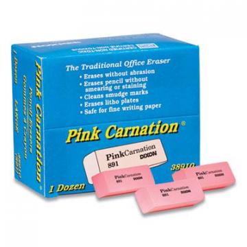 Dixon Pink Carnation Erasers, For Pencil Marks, Rectangular Block, Large, Pink, Dozen