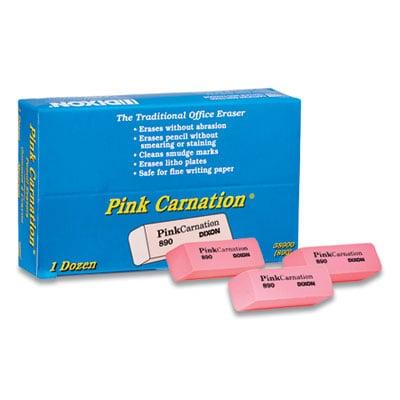 Dixon Pink Carnation Erasers, For Pencil Marks, Rectangular Block, Medium, Pink, Dozen