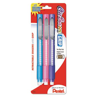 Pentel Clic Eraser Grip Eraser, White Polyvinyl Chloride Eraser, 3/Pack