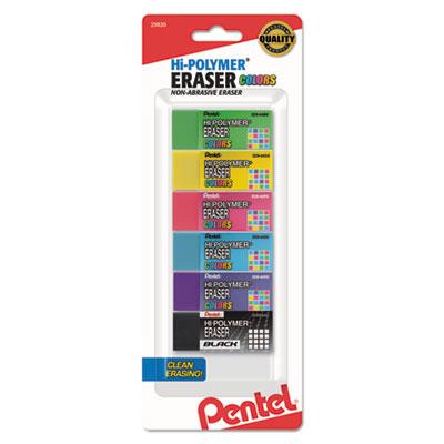Pentel Hi-Polymer Eraser, Rectangular, Medium, Assorted, Latex-Free Hi-Polymer, 6/Pack