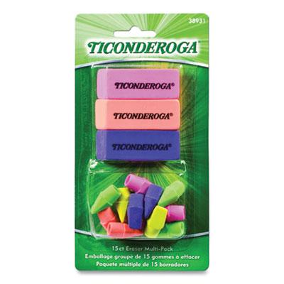 Ticonderoga Neon Eraser Multipack, 3 Beveled, 12 Wedge Cap, Multicolor