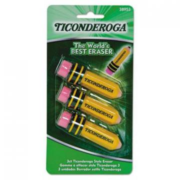 Ticonderoga Pencil-Shaped Eraser, Small, Yellow/Green/Red, Latex-Free Polymer, 3/Pack