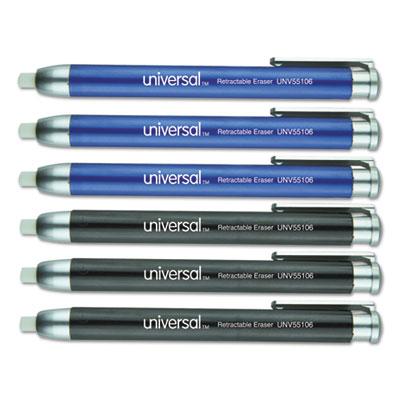 Universal Pen-Style Retractable Eraser, White Thermo-Plastic Rubber Eraser, 6/Pack