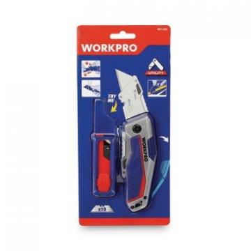 WORKPRO Quick-Change Folding Utility Knife with Blade Storage,10 Blades, Silver/Blue/Red