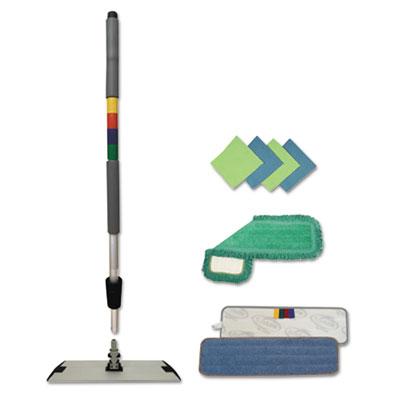 Boardwalk Microfiber Mopping Kit, 18" Mop Head, 35-60"Handle, Blue/Green/Gray