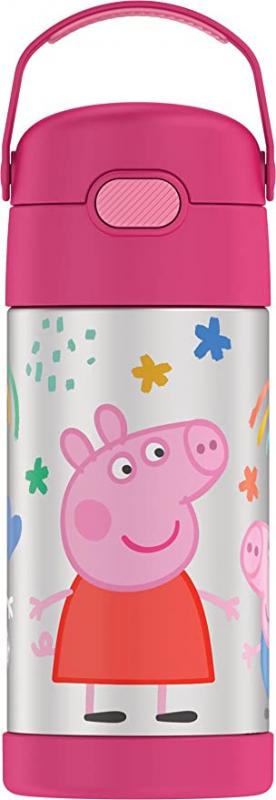 THERMOS FUNTAINER 12 Ounce Stainless Steel Vacuum Insulated Kids Straw Bottle, Peppa Pig