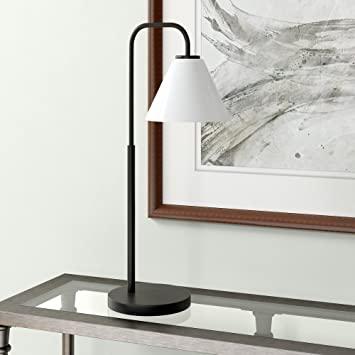 Henn&Hart Modern Metal Arc Floor Lamp with Glass Shade, Blackened Bronze, White Milk Shade