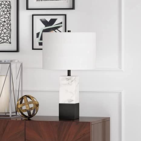 Henn&Hart 21.5" Tall Table Lamp with Fabric Shade in Marble/Blackened Bronze/White
