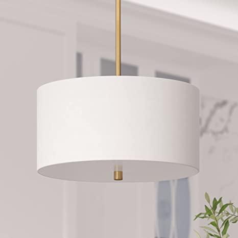 Henn&Hart 16" Wide Pendant with Fabric Shade in Brass/White